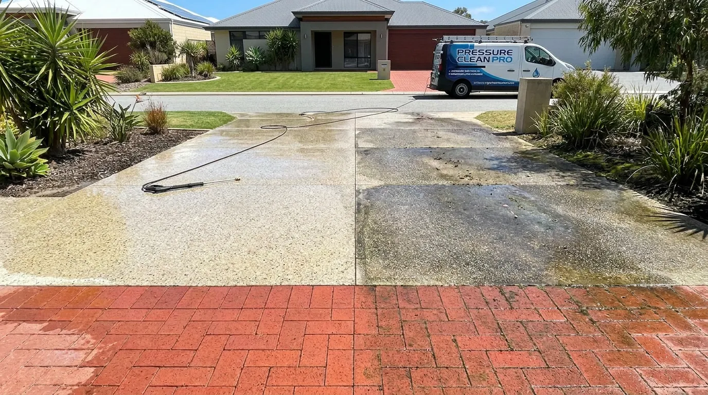 A freshly pressure-cleaned Perth driveway